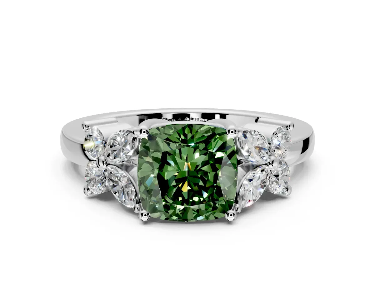Floral Engagement Ring Setting for Fancy Green Cushion Cut Center with Marquise Cluster Shoulders and Prong Head in Platinum