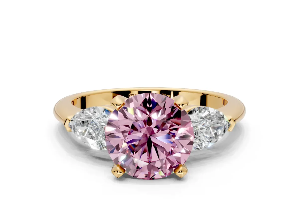 3 Stone Engagement Ring Setting for Fancy Pink Round Cut Center with Large Pear-Shaped Accents and Prong Head in Yellow Gold