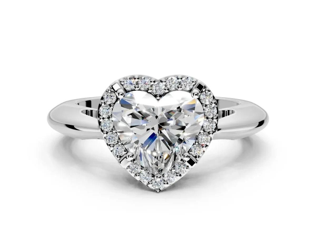 Halo Engagement Ring Setting for Heart-Shaped Center with Tapered Plain Band and Prong Head in Sterling Silver
