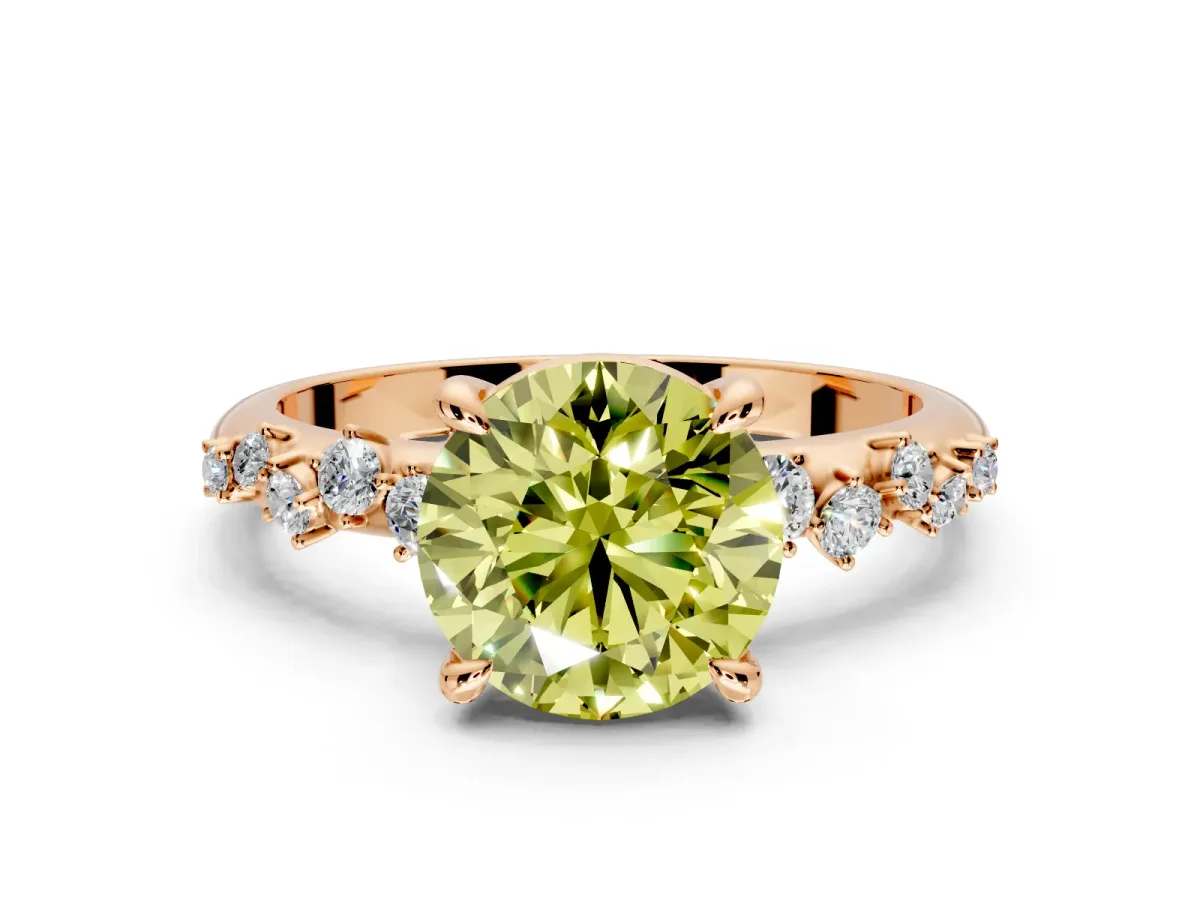 Solitaire Engagement Ring Setting for Fancy Yellow Round Cut Center with Trailing Leaf Accent Band and Prong Head in Rose Gold