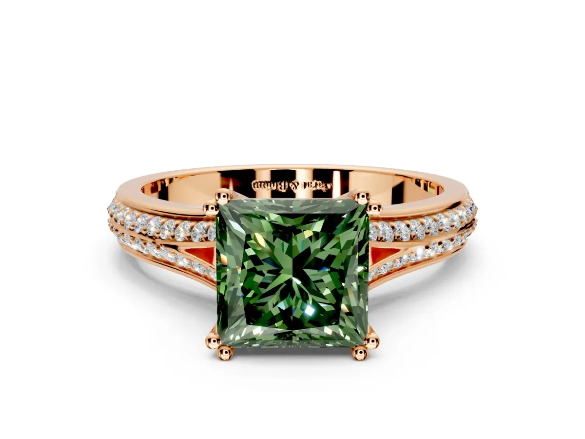Solitaire Engagement Ring Setting for Fancy Green Princess Cut Center with Pave Rail Split Shank and Prong Head in Rose Gold