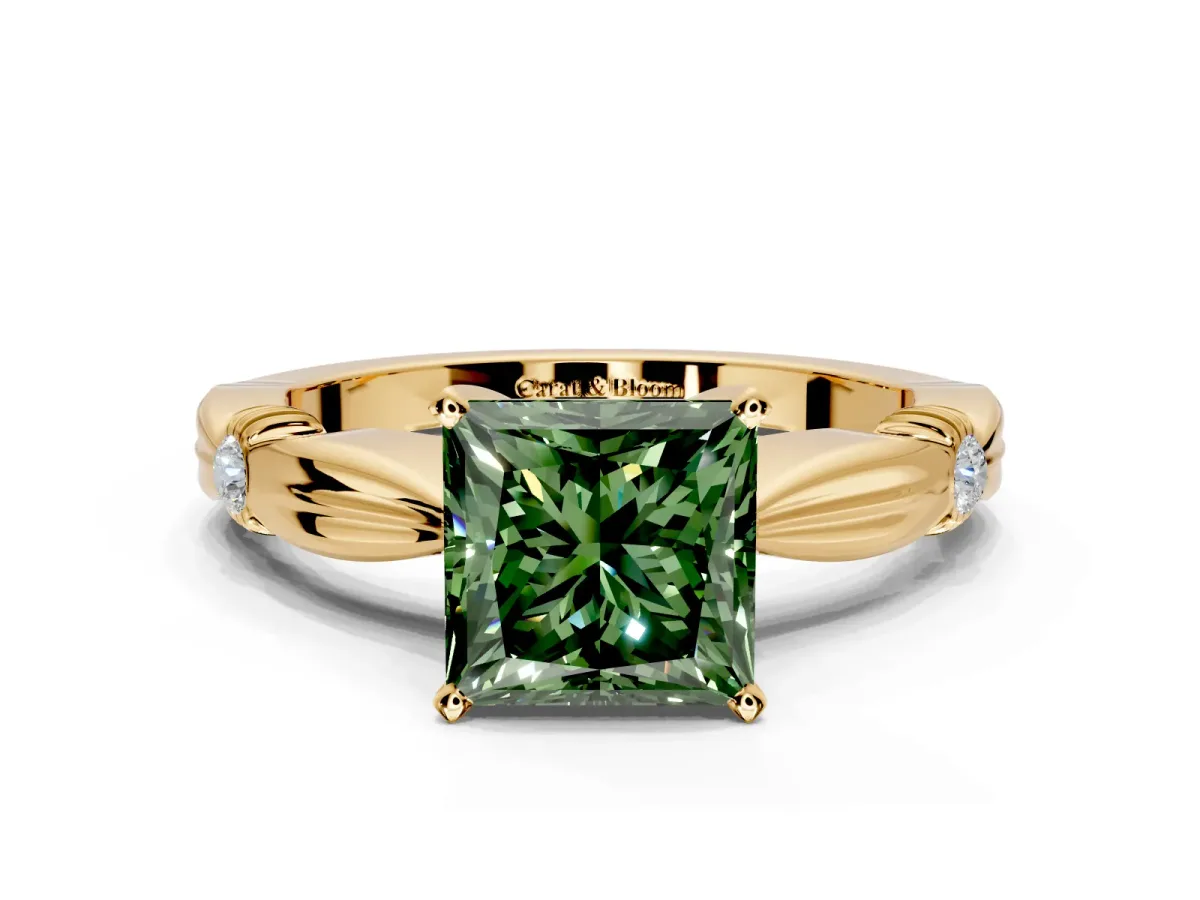 Solitaire Engagement Ring Setting for Fancy Green Princess Cut Center with Carved Leaf Shoulders and Prong Head in Yellow Gold