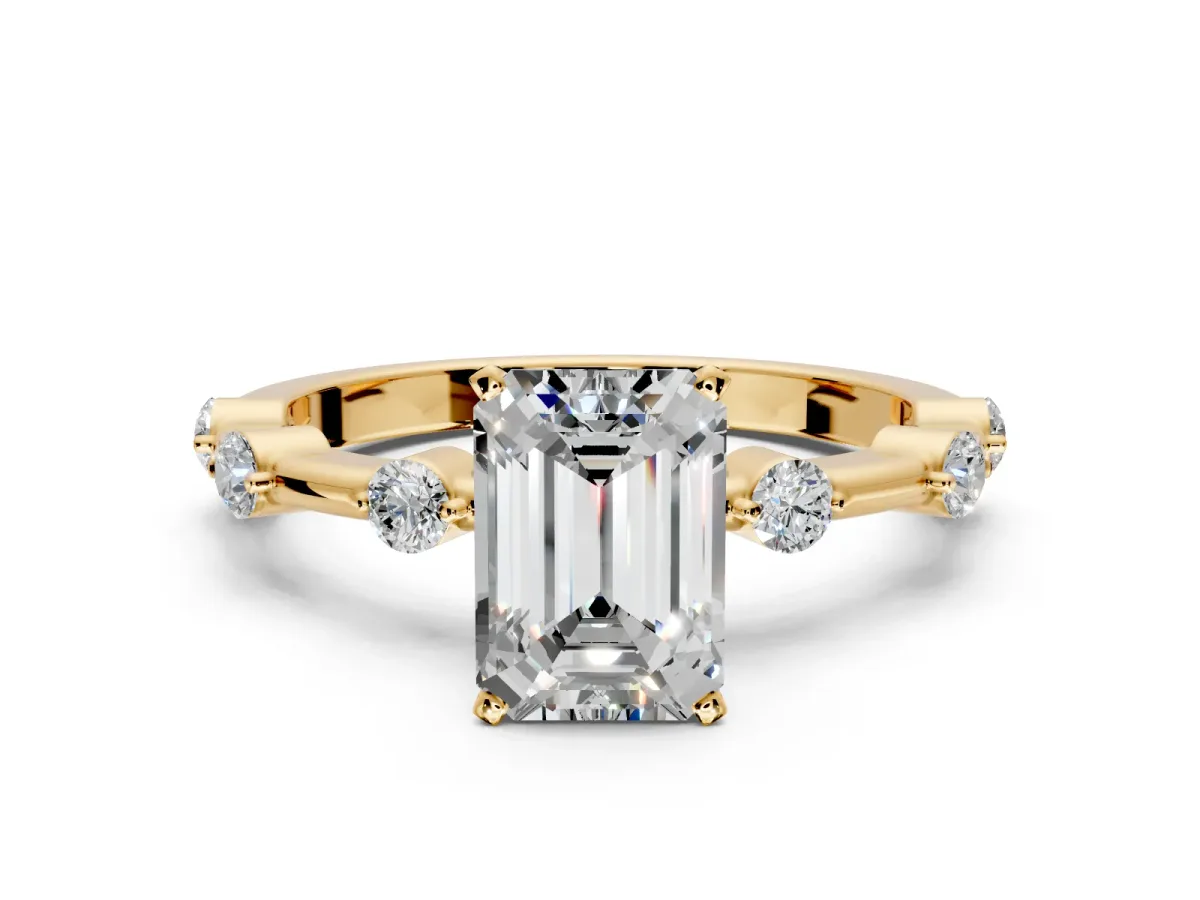 Solitaire Engagement Ring Setting for Emerald Cut Center with Bezel Station Band and Prong Head in Yellow Gold