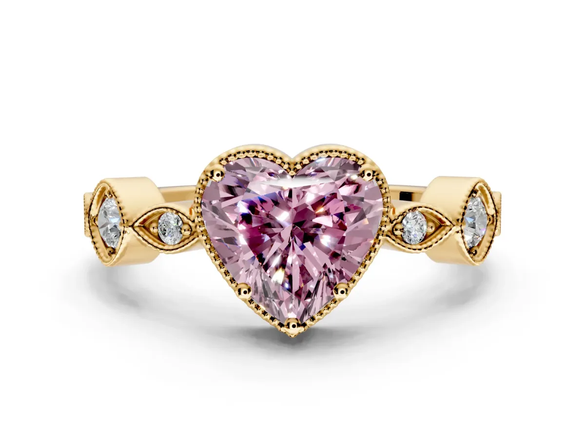 Vintage Station Engagement Ring Setting for Fancy Pink Heart-Shaped Center with Accents and Prong Head in Yellow Gold