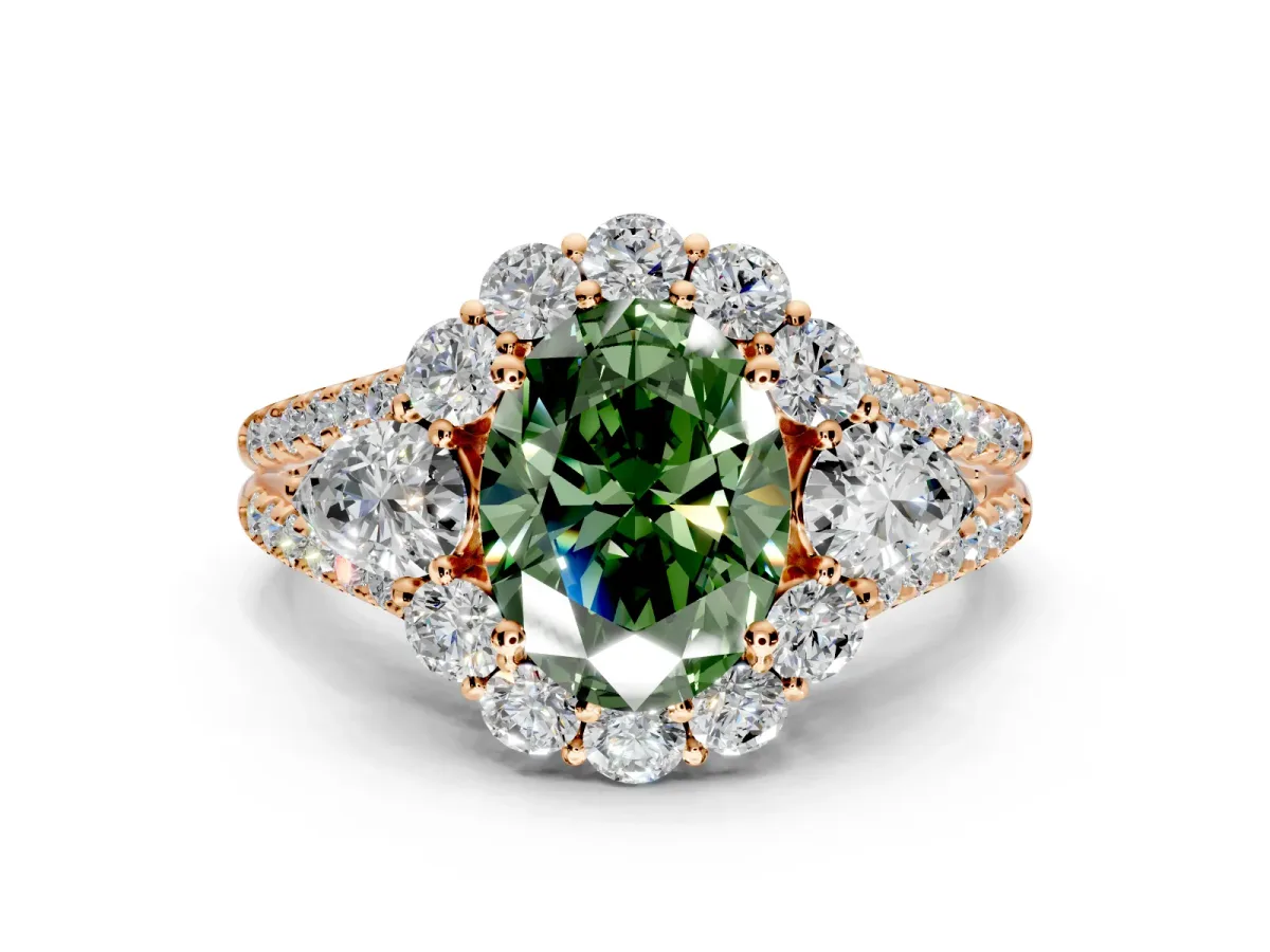 Halo Engagement Ring Setting for Fancy Green Oval Center with Two-Strand Split Shank and Prong Head in Rose Gold