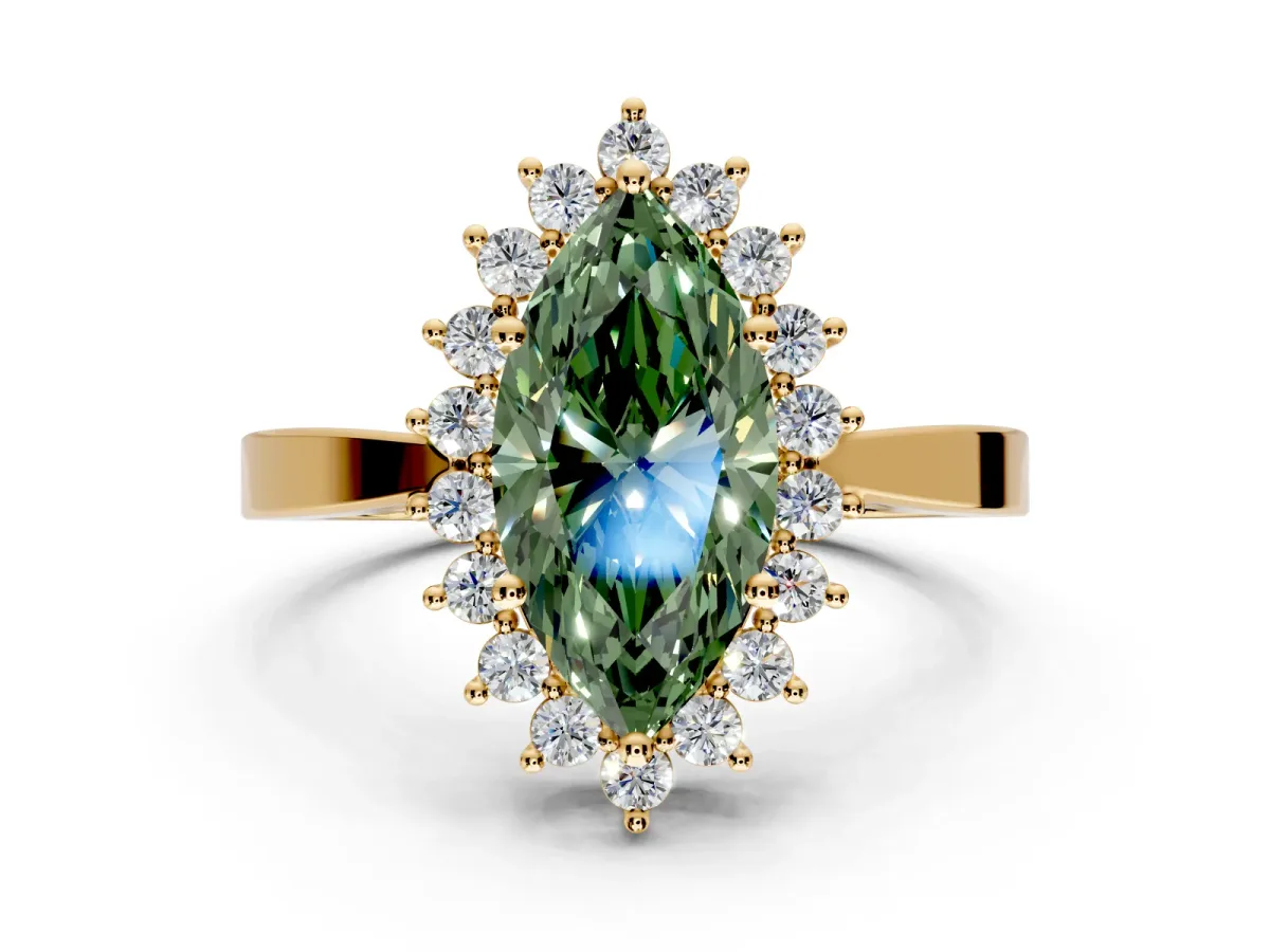Starburst Halo Engagement Ring Setting for Fancy Green Marquise Center with Flat Cathedral Band and Prong Head in Yellow Gold