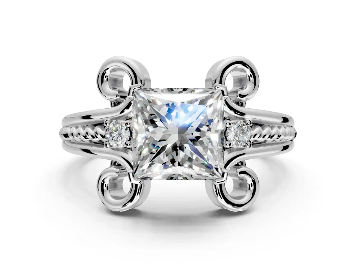 Solitaire Engagement Ring Setting for Princess Cut Center with Twisted Band and Scroll Prong Head in Sterling Silver