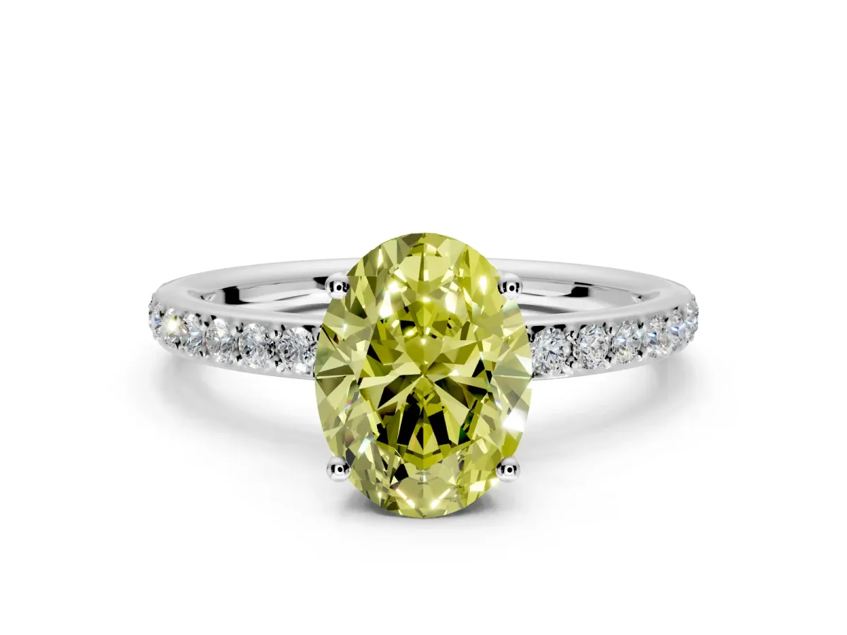 Solitaire Engagement Ring Setting for Fancy Yellow Oval Center with Fine Pave Band and Prong Head in Platinum