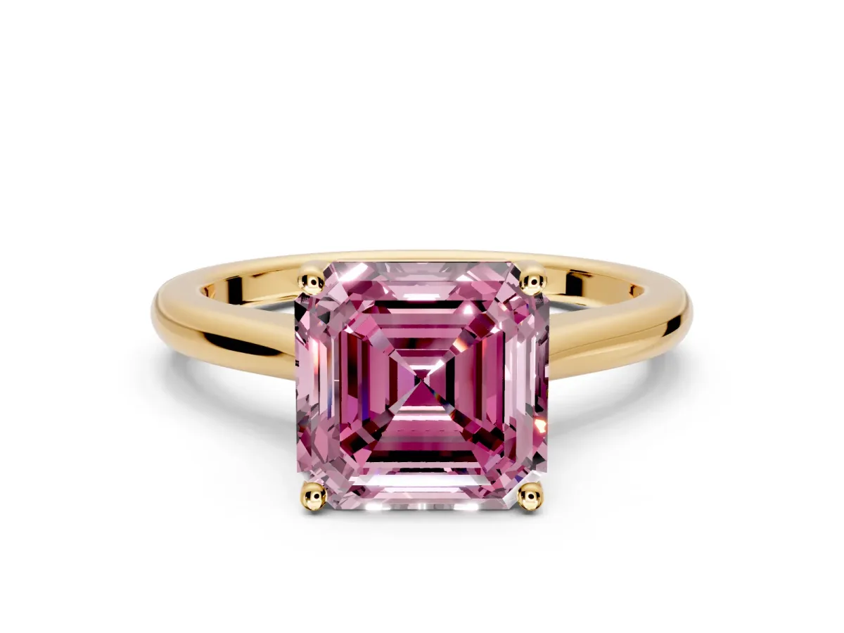 Solitaire Engagement Ring Setting for Fancy Pink Asscher Cut Center with Narrow Cathedral Band and Prong Head in Yellow Gold