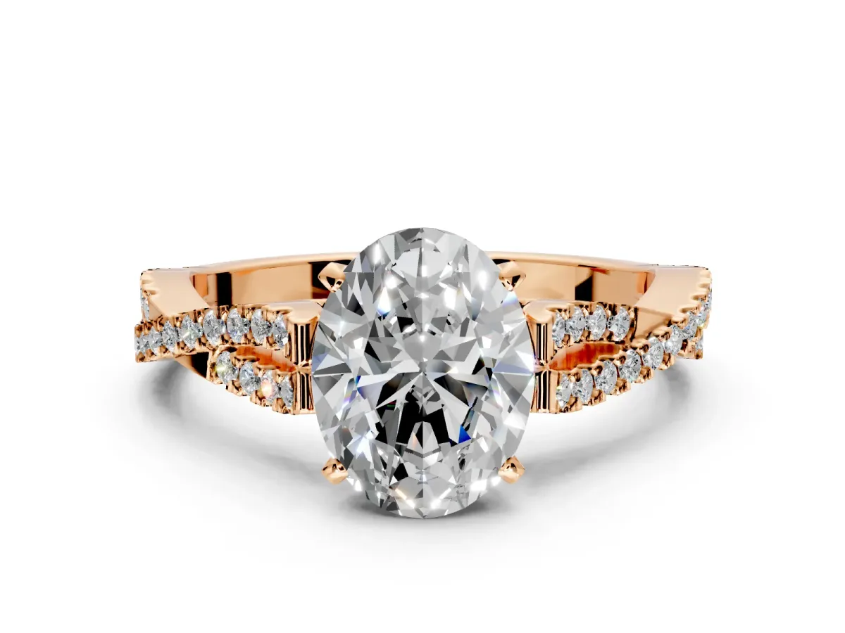 Solitaire Engagement Ring Setting for Oval Center with Twisted Pave Split Shank and Prong Head in Rose Gold