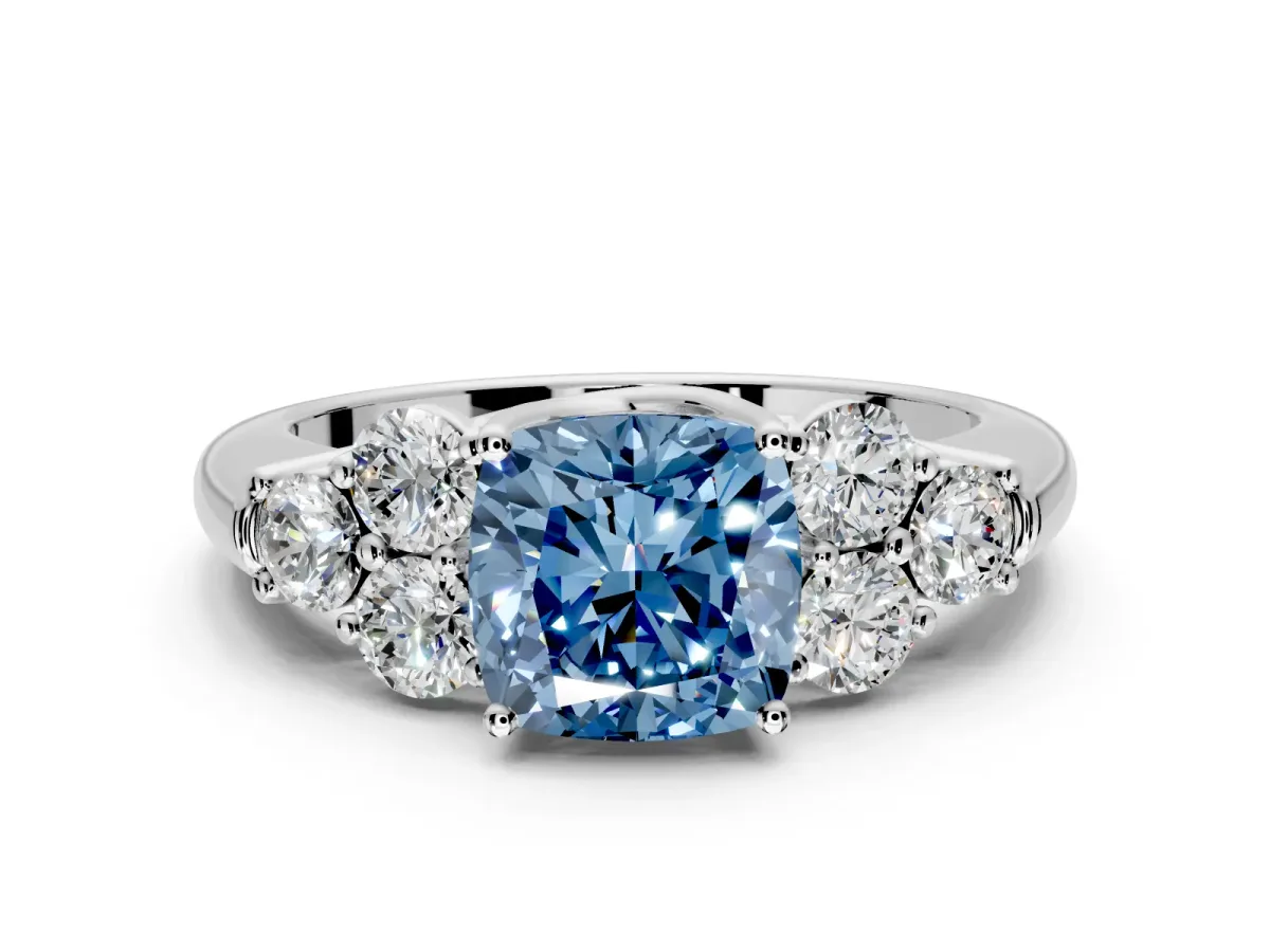 Cluster Engagement Ring Setting for Fancy Blue Cushion Cut Center with Round Cut Accent Frame and Prong Head in Platinum
