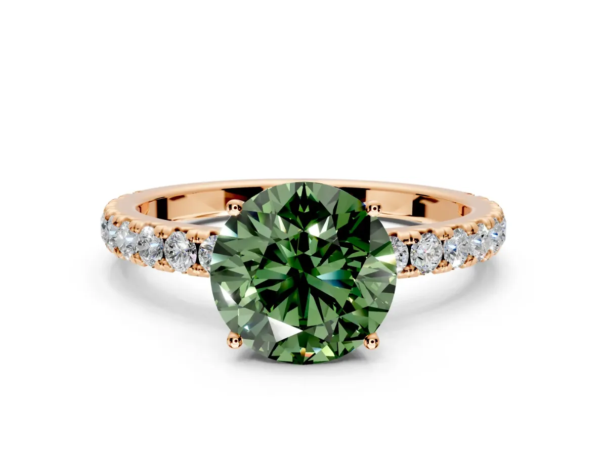 Solitaire Engagement Ring Setting for Fancy Green Round Cut Center with Large Accent Band and Prong Head in Rose Gold
