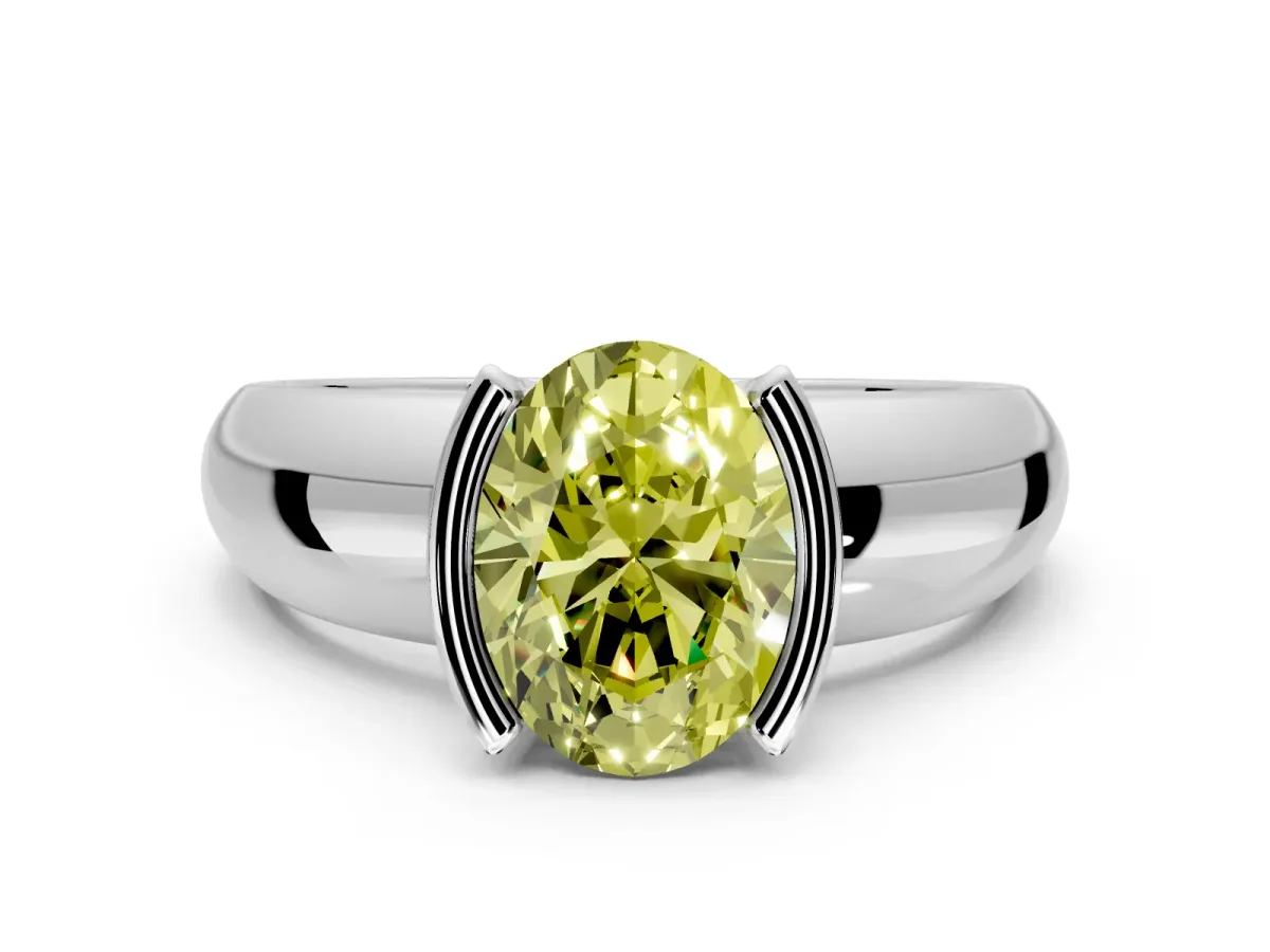 Tension Engagement Ring Setting for Fancy Yellow Oval Center with Wide Flat Band and Tension Head in Sterling Silver