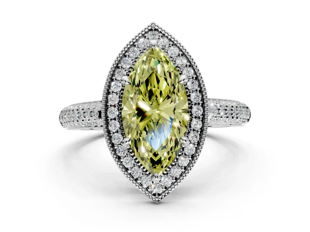 Milgrain Halo Engagement Ring Setting for Fancy Yellow Marquise Center with Three-Sided Pave Band and Prong Head in White Gold