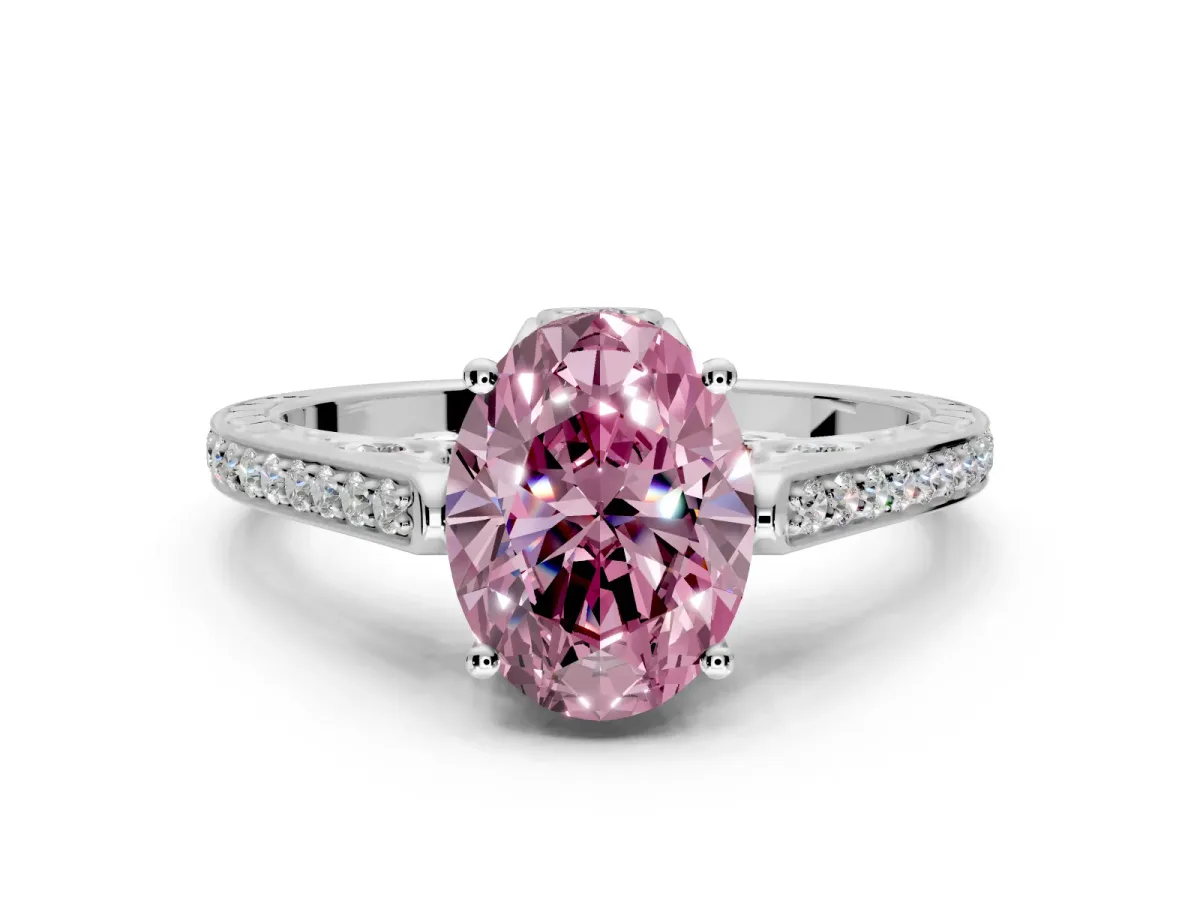 Cathedral Engagement Ring Setting for Fancy Pink Oval Center with Antique-Style Pave Band and Prong Head in Platinum