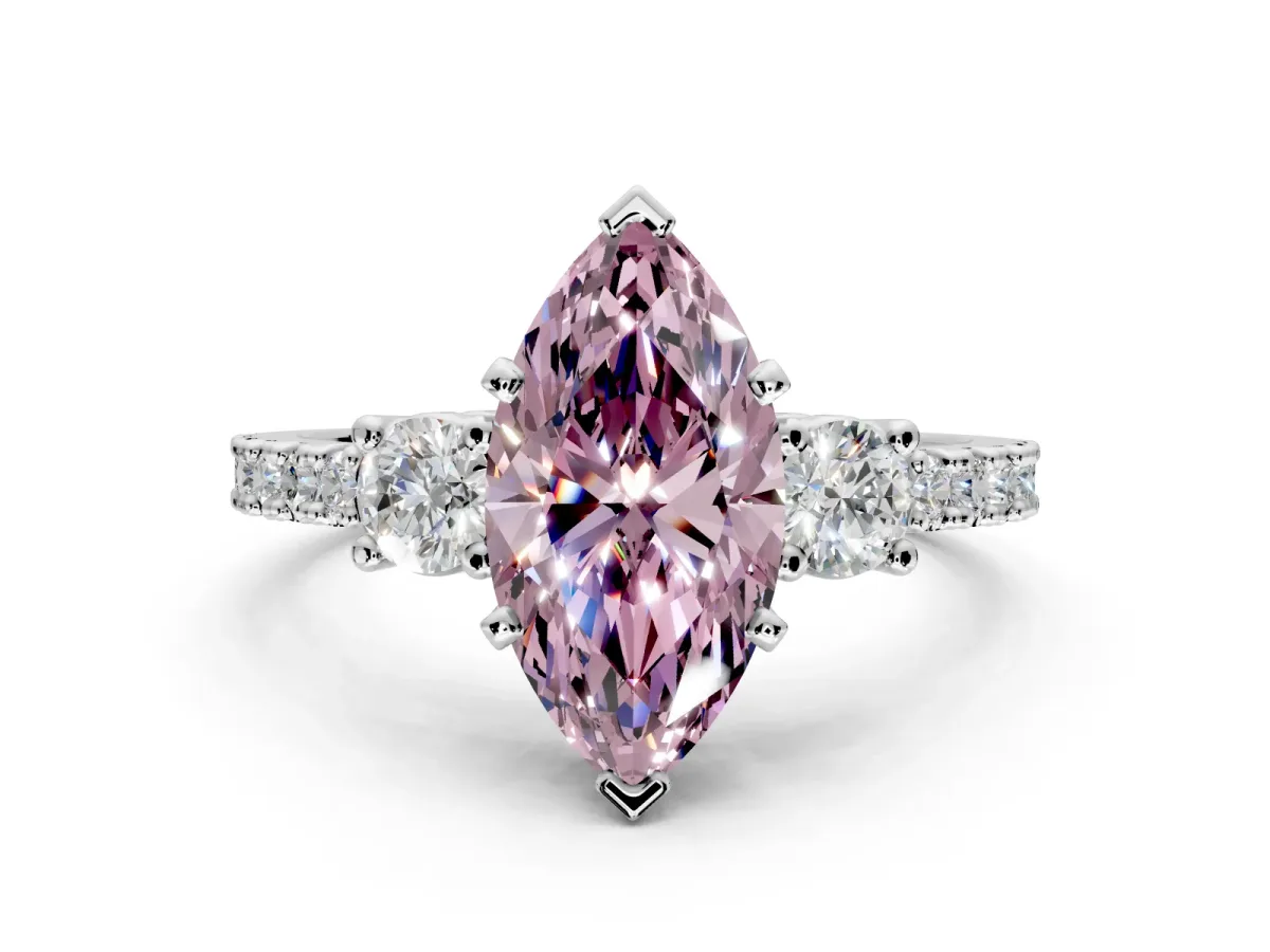 3 Stone Engagement Ring Setting for Fancy Pink Marquise Center with Round Cut Side Accents and Prong Head in Platinum