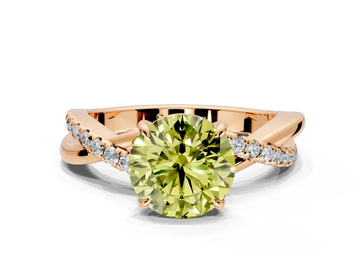 Crossover Engagement Ring Setting for Fancy Yellow Round Cut Center with Pave and Plain Strands and Prong Head in Rose Gold