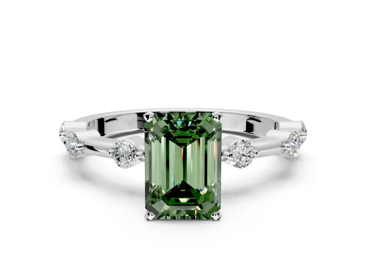 Solitaire Engagement Ring Setting for Fancy Green Emerald Cut Center with Bezel Station Band and Prong Head in Platinum