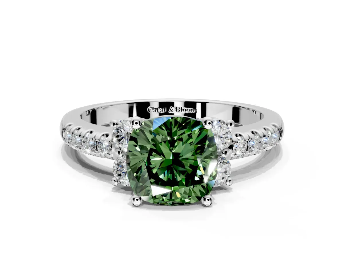 Paired Accent Engagement Ring Setting for Fancy Green Cushion Cut Center with Pave Band and Prong Head in Sterling Silver