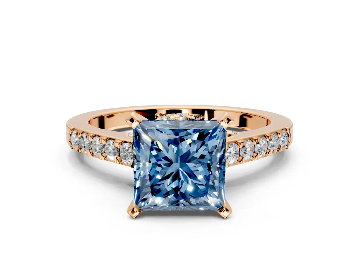 Solitaire Engagement Ring Setting for Fancy Blue Princess Cut Center with Crossover Accents and Prong Head in Rose Gold