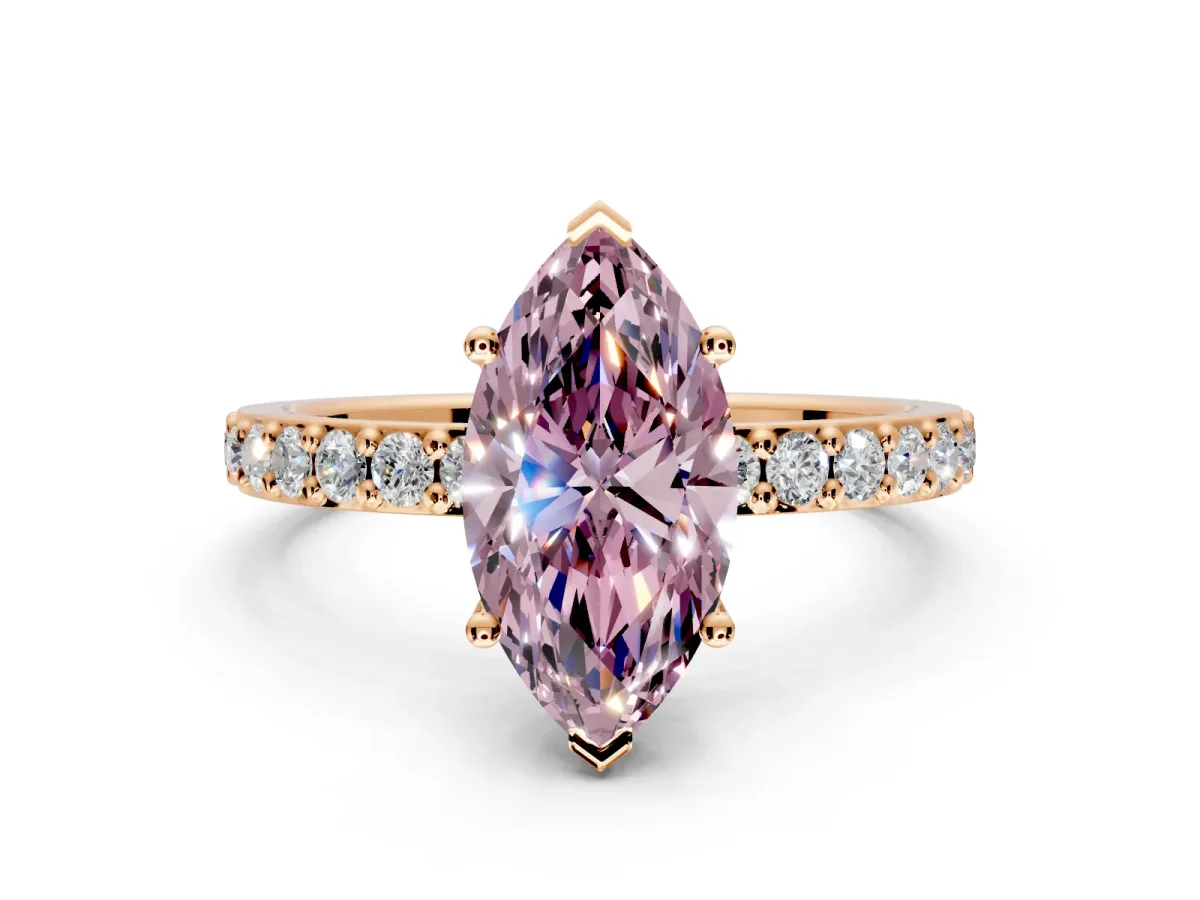 Solitaire Engagement Ring Setting for Fancy Pink Marquise Center with Round Cut Pave Band and Prong Head in Rose Gold