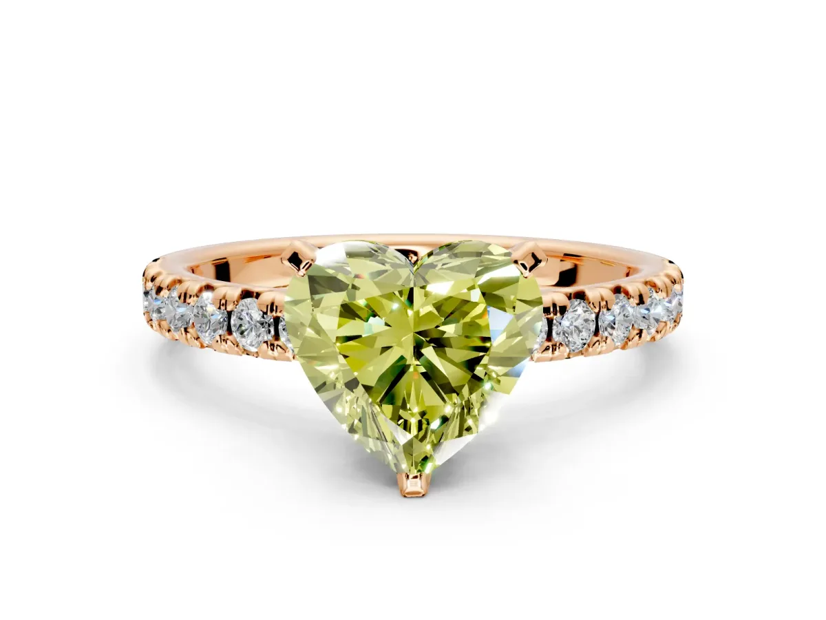 Solitaire Engagement Ring Setting for Fancy Yellow Heart-Shaped Center with Large Accents and Prong Head in Rose Gold