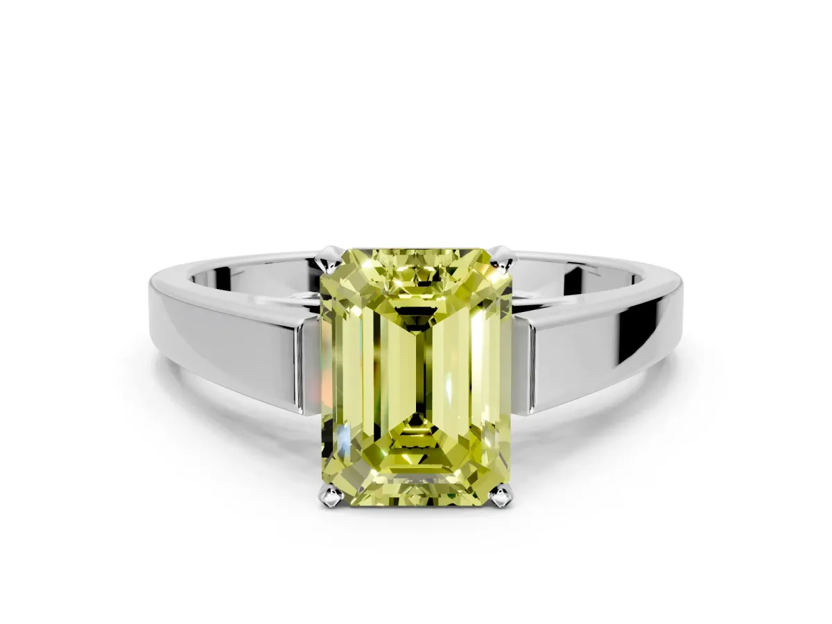 Solitaire Engagement Ring Setting for Fancy Yellow Emerald Cut Center with Tapered Split Shoulders and Prong Head in Platinum