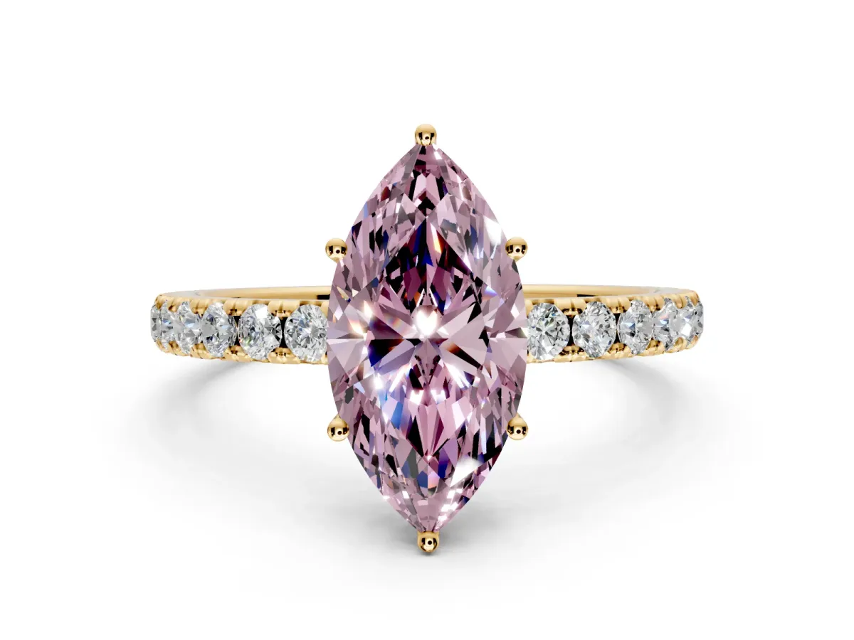 Solitaire Engagement Ring Setting for Fancy Pink Marquise Center with Large Accent Band and Prong Head in Yellow Gold