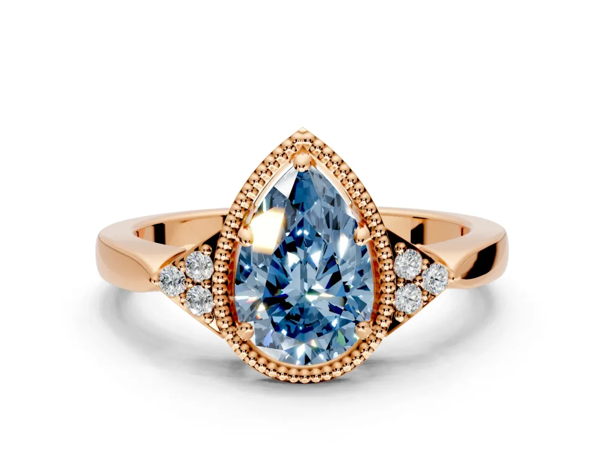 Cluster Engagement Ring Setting for Fancy Blue Pear-Shaped Center with Milgrain Shoulder Clusters and Prong Head in Rose Gold