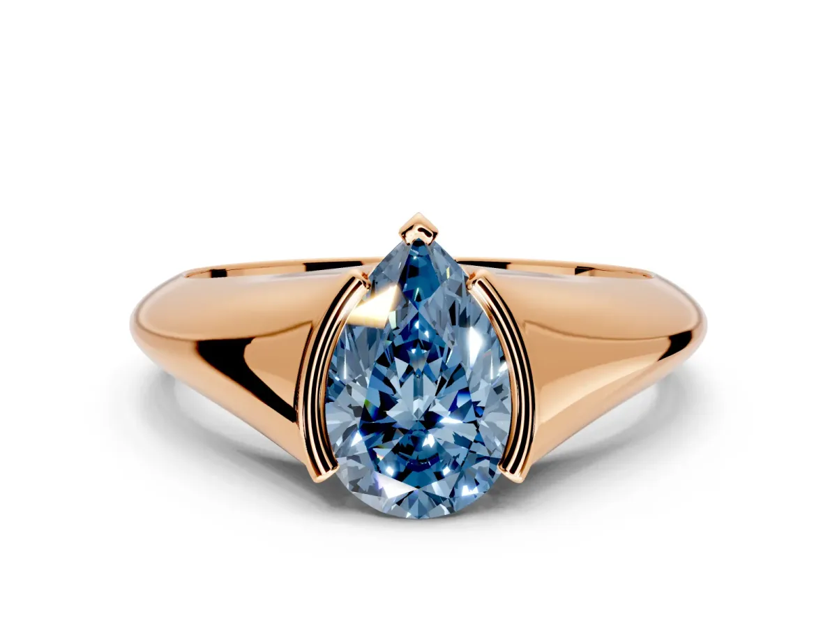 Tension Engagement Ring Setting for Fancy Blue Pear-Shaped Center with Wide Tapered Band and Tension Head in Rose Gold