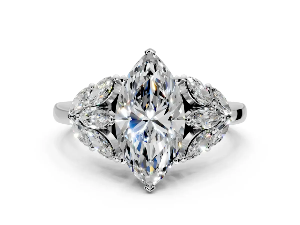 Leaf Cluster Engagement Ring Setting for Marquise Center with Marquise Accents and Prong Head in Sterling Silver