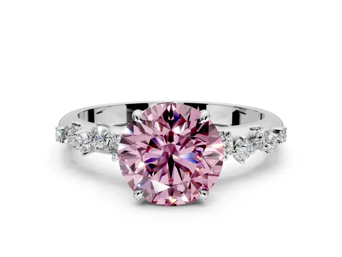 Cluster Engagement Ring Setting for Fancy Pink Round Cut Center with Round Cut Accent Band and Prong Head in Sterling Silver