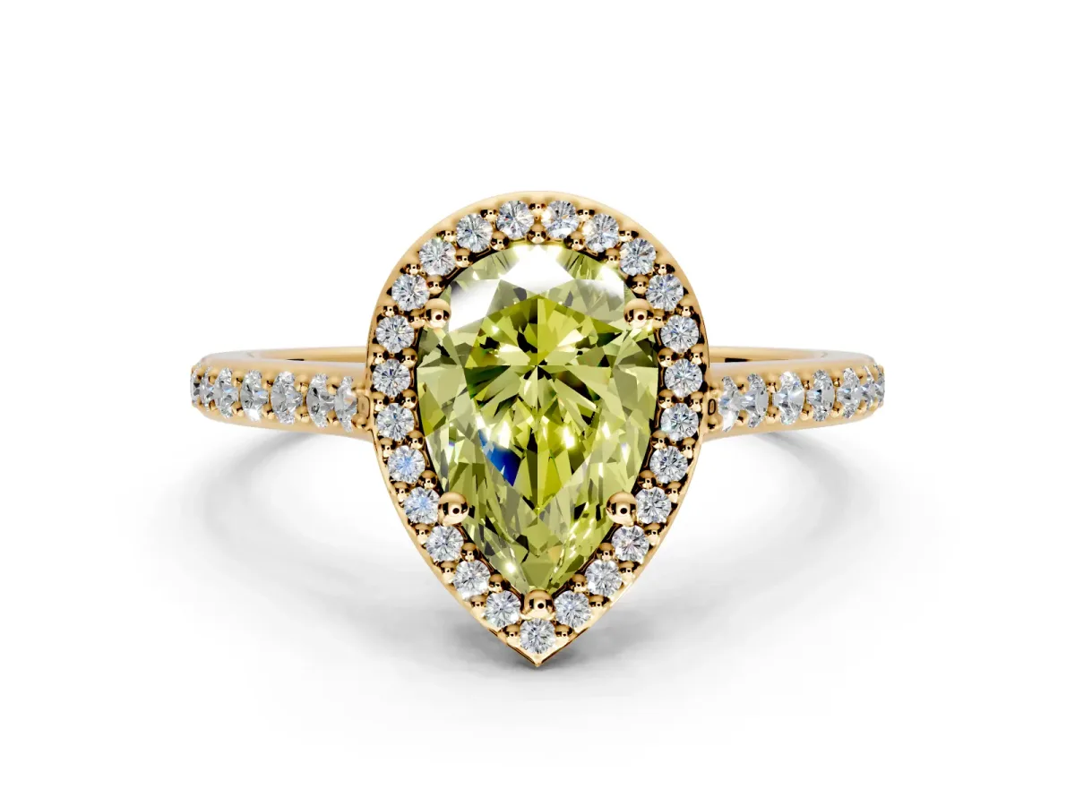 Halo Engagement Ring Setting for Fancy Yellow Pear-Shaped Center with Pave Accents, Heart Basket and Prong Head in Yellow Gold