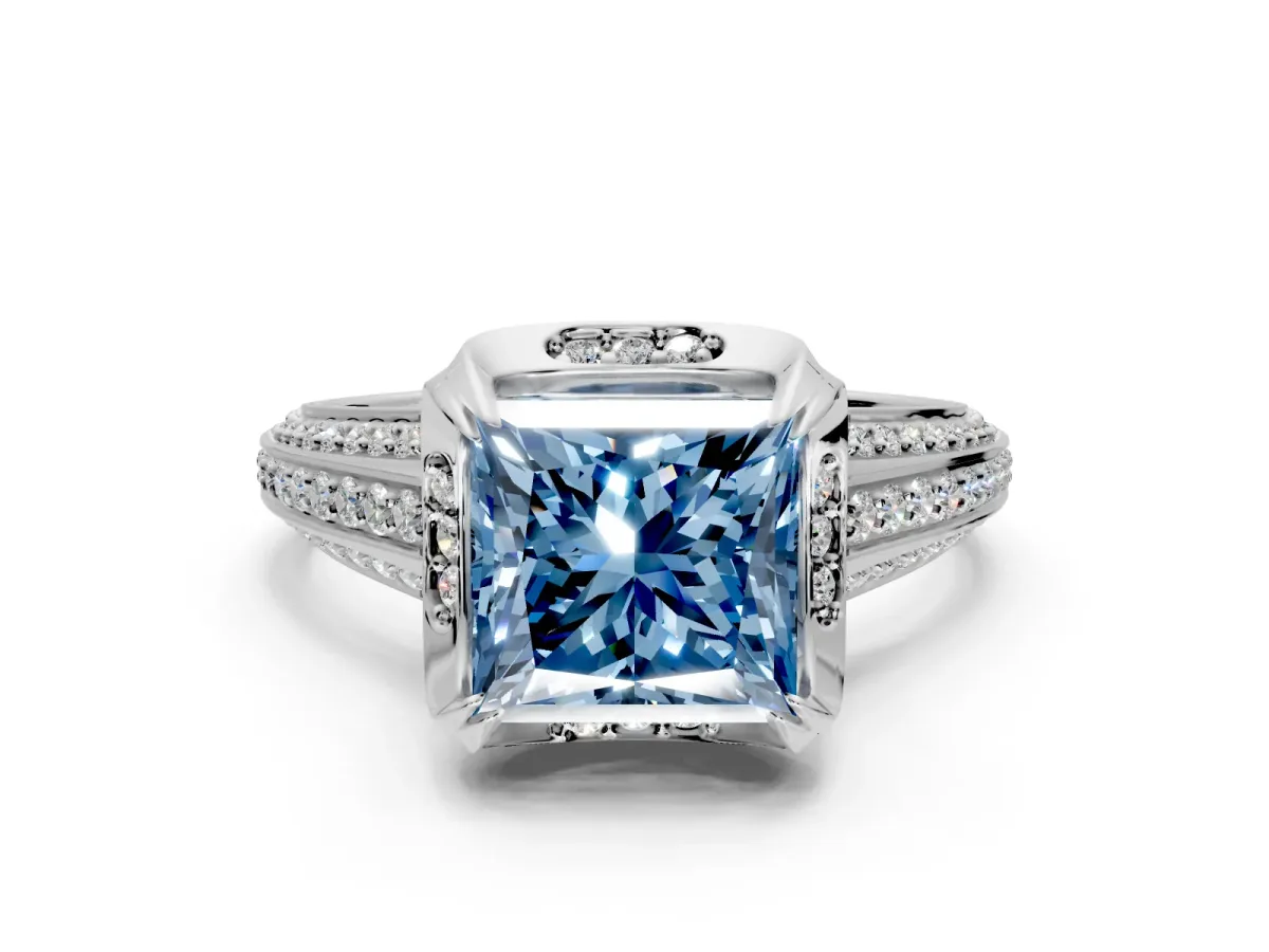 Solitaire Engagement Ring Setting for Fancy Blue Princess Cut Center with Accented Split Shank and Prong Head in Platinum
