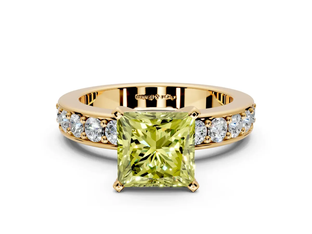 Solitaire Engagement Ring Setting for Fancy Yellow Princess Cut Center with Channel-Set Accents and Prong Head in Yellow Gold