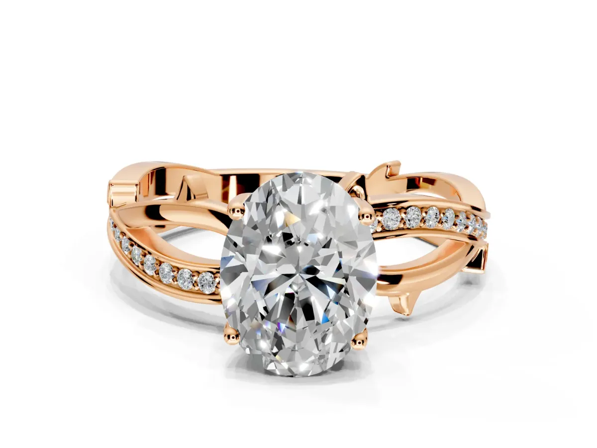 Solitaire Engagement Ring Setting for Oval Center with Pave and Plain Crossover Band and Prong Head in Rose Gold