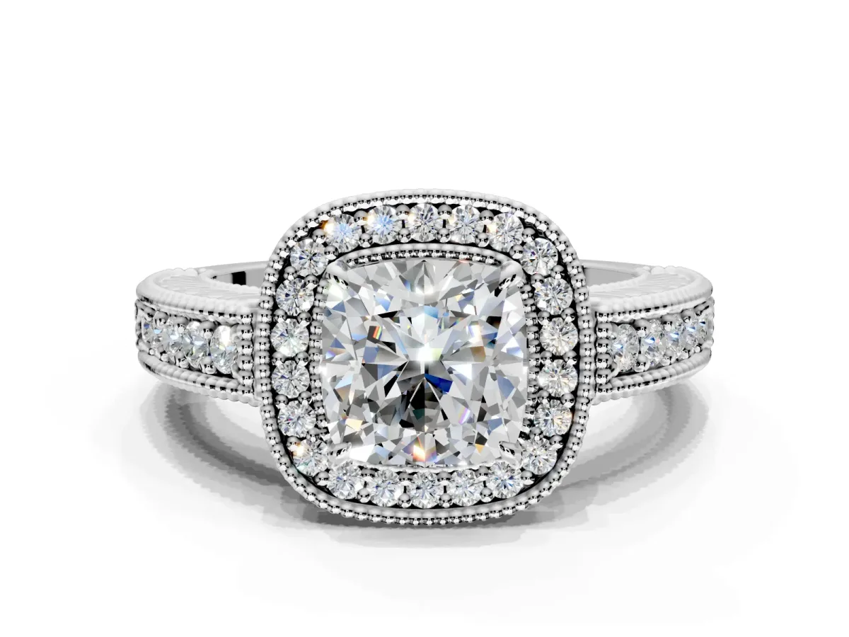 Milgrain Halo Engagement Ring Setting for Cushion Cut Center with Pave Band and Prong Head in Platinum