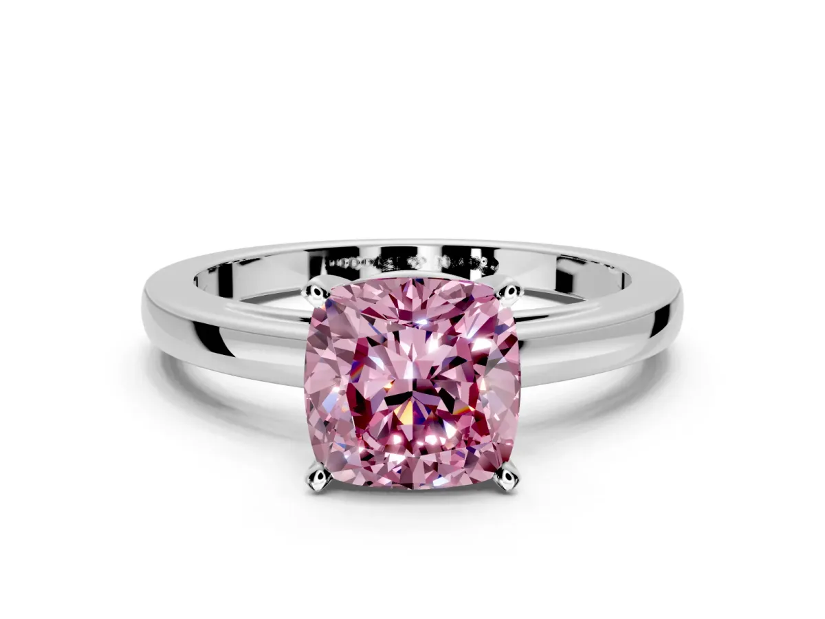 Solitaire Engagement Ring Setting for Fancy Pink Cushion Cut Center with Basket Rail and Prong Head in Platinum