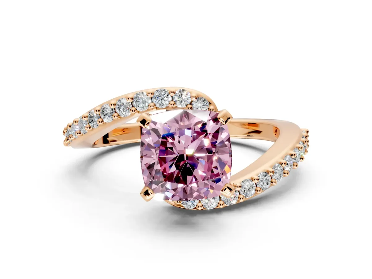Solitaire Engagement Ring Setting for Fancy Pink Cushion Cut Center with Pave Bypass Swirl Band and Prong Head in Rose Gold