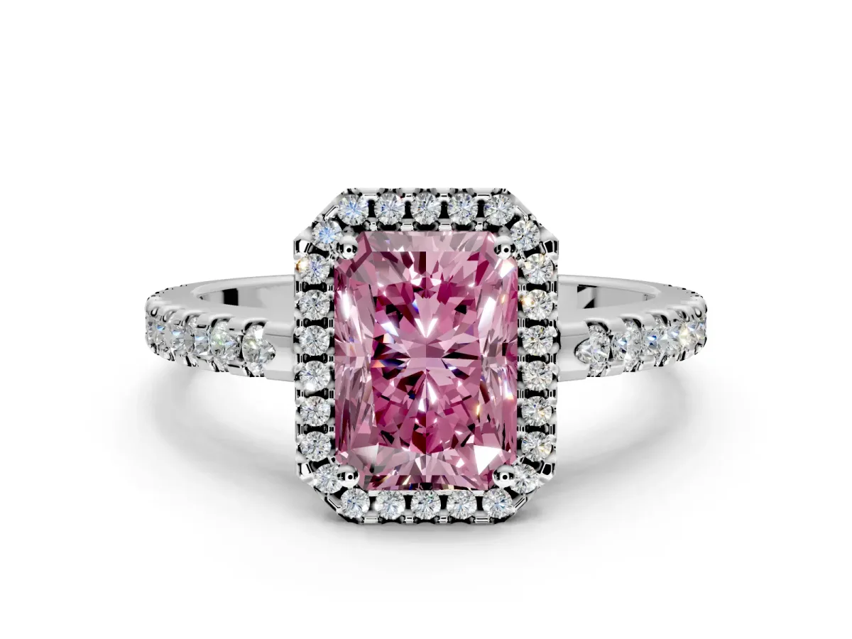 Accent Halo Engagement Ring Setting for Fancy Pink Radiant Cut Center with Full-Length Pave Band and Prong Head in White Gold
