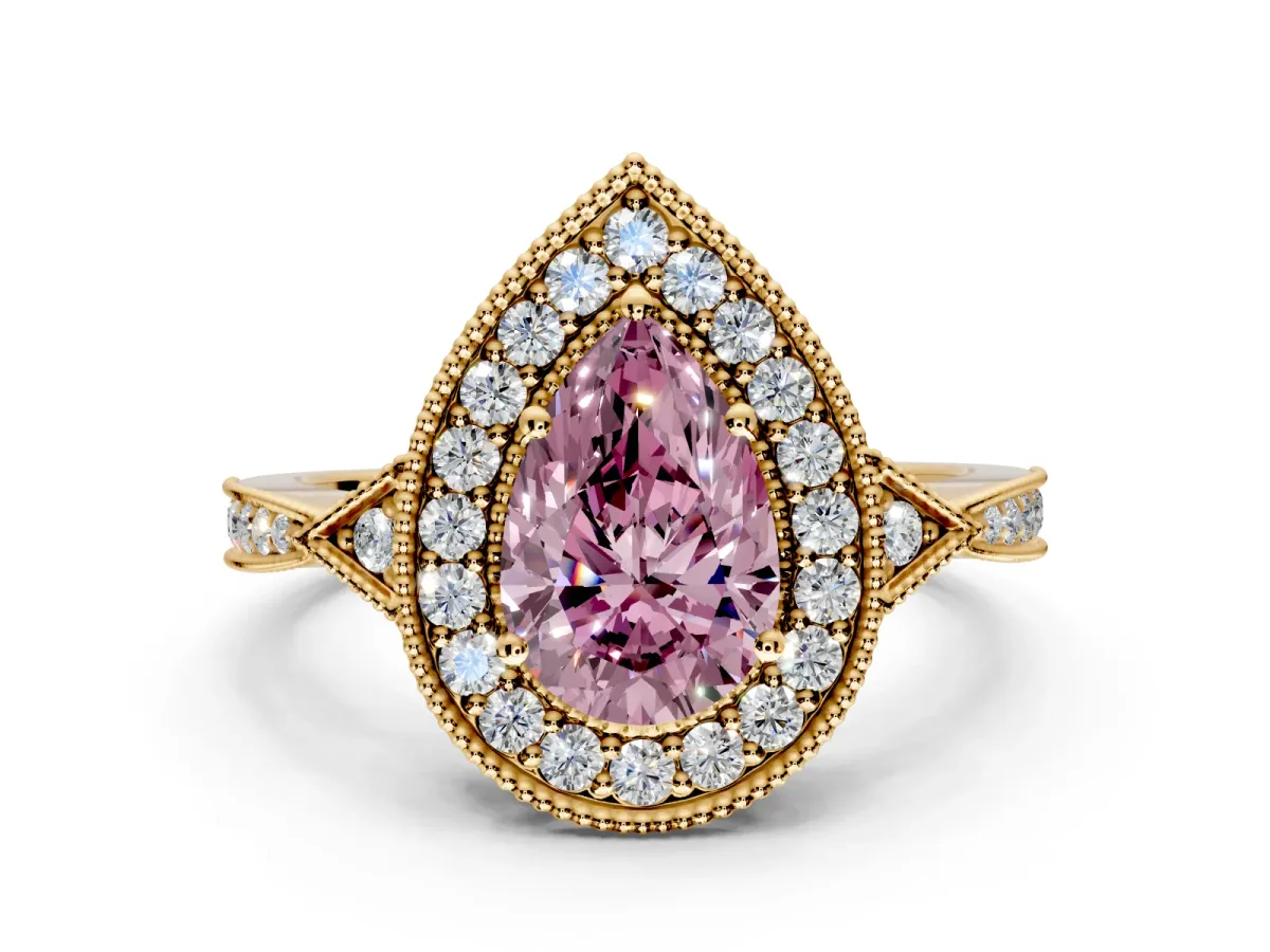 Halo Engagement Ring Setting for Fancy Pink Pear-Shaped Center with Milgrain Rim, Pave Band and Prong Head in Yellow Gold