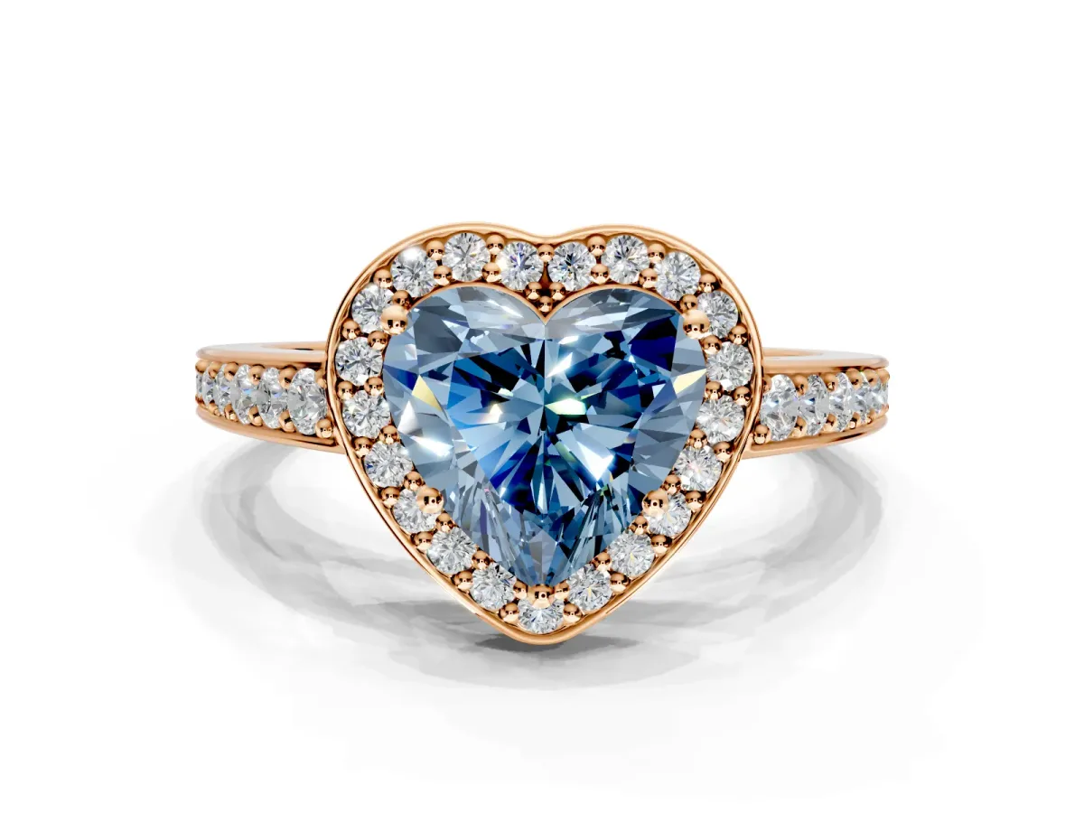 Bezel-Framed Halo Engagement Ring Setting for Fancy Blue Heart-Shaped Center with Pave Band and Prong Head in Rose Gold