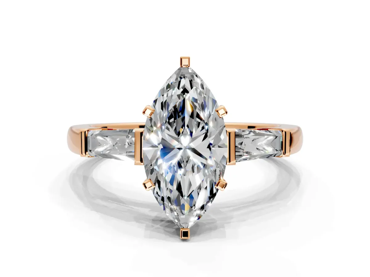 3 Stone Engagement Ring Setting for Marquise Center with Tapered Baguettes, Plain Band and Prong Head in Rose Gold