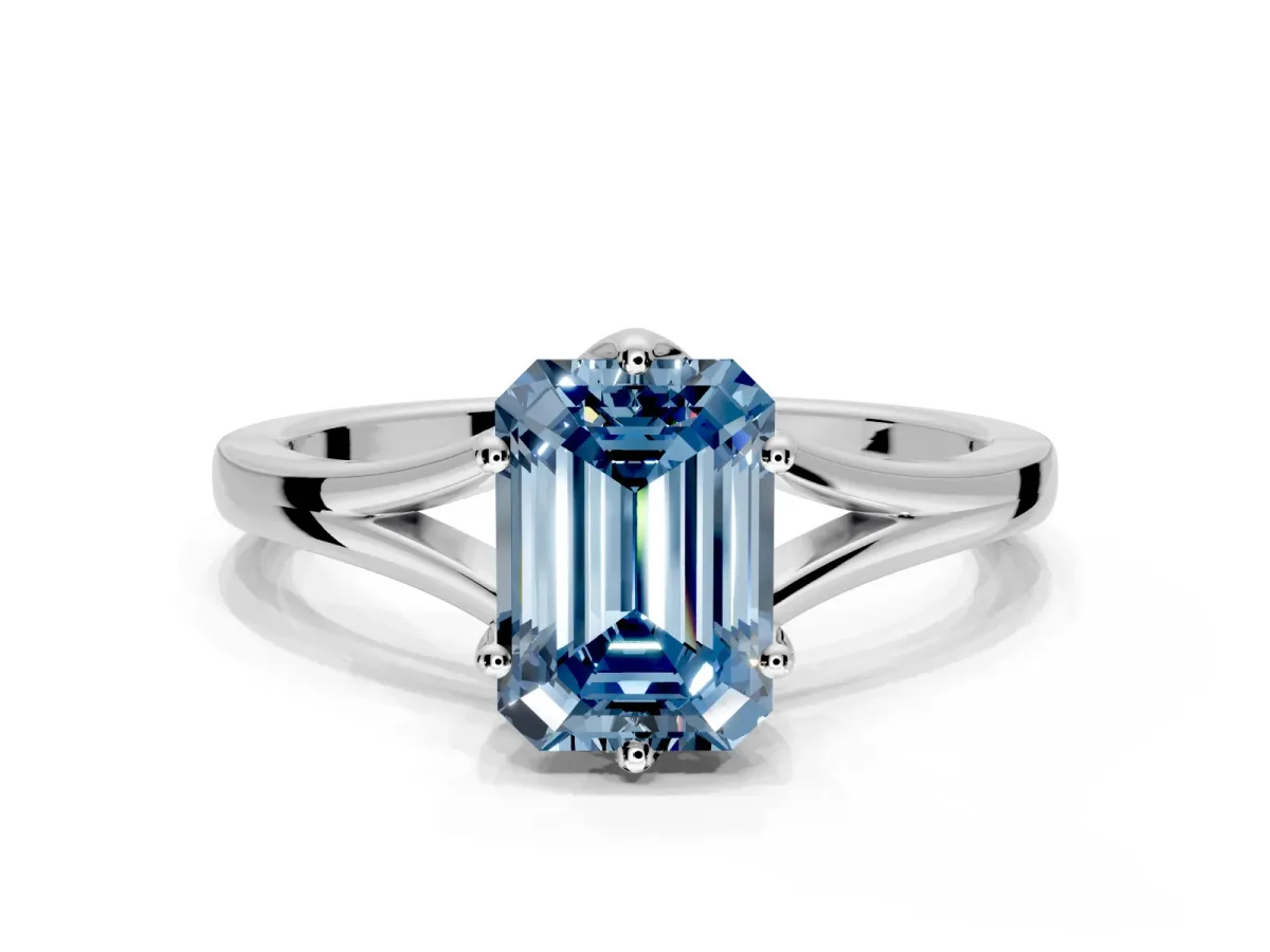 Solitaire Engagement Ring Setting for Fancy Blue Emerald Cut Center with Plain Split Shank and Prong Head in Platinum