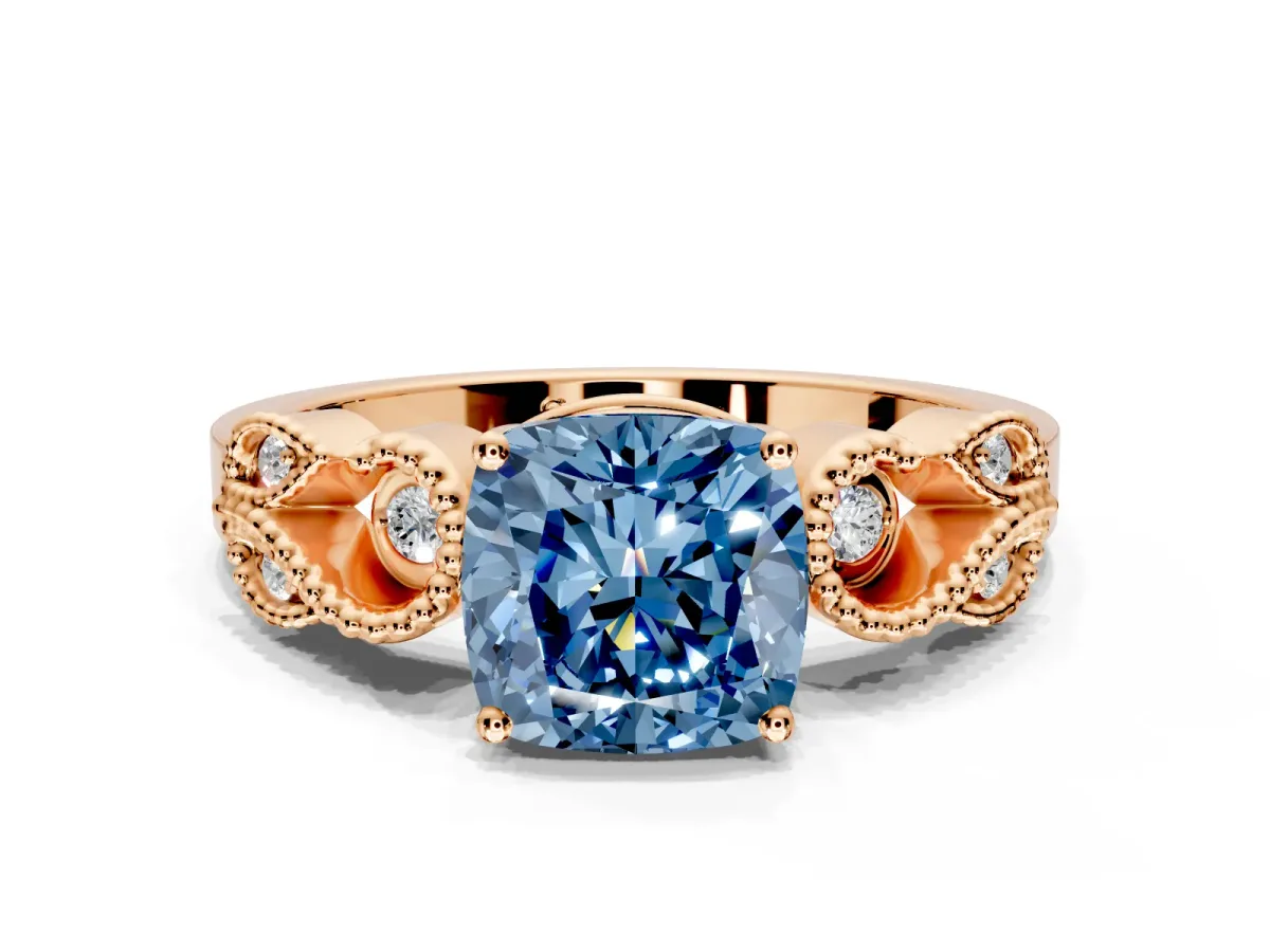 Leaf Engagement Ring Setting for Fancy Blue Cushion Cut Center with Milgrain Accent Band and Prong Head in Rose Gold