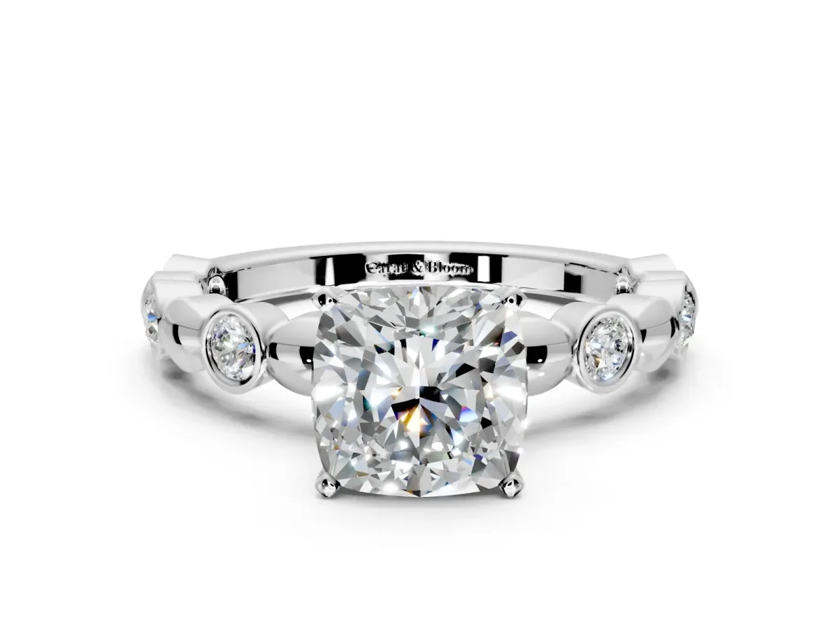 Solitaire Engagement Ring Setting for Cushion Cut Center with Beaded Bezel Station Band and Prong Head in Sterling Silver