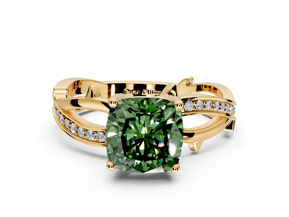 Solitaire Engagement Ring Setting for Fancy Green Cushion Cut Center with Pave and Plain Crossover Band and Prong Head in Yellow Gold