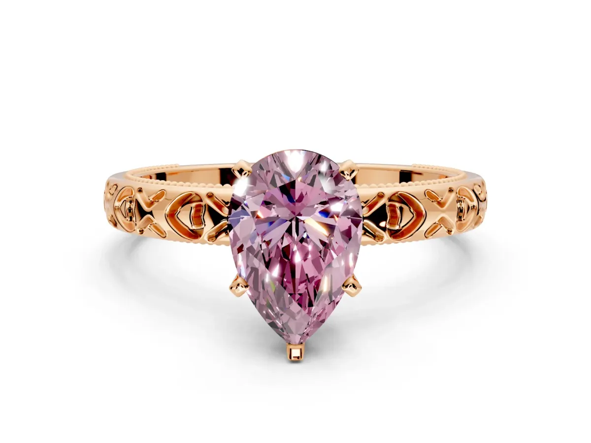 Solitaire Engagement Ring Setting for Fancy Pink Pear-Shaped Center with XO Engraved Band and Prong Head in Rose Gold