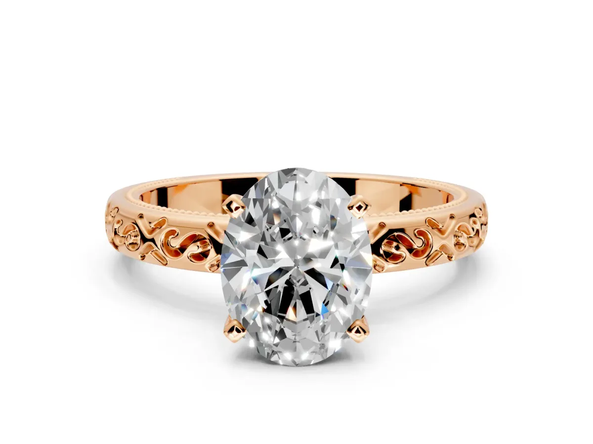 Solitaire Engagement Ring Setting for Oval Center with Scrollwork Band and Prong Head in Rose Gold