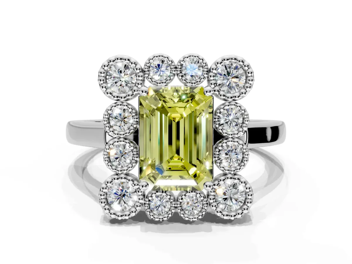 Cluster Halo Engagement Ring Setting for Fancy Yellow Emerald Cut Center with Milgrain Bezel Accents and Prong Head in Sterling Silver